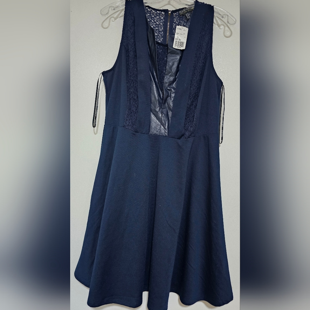 Forever 21+ Fit & Flare Sleeveless Dress Sz XL Navy Blue Lace Top, Faux leather
